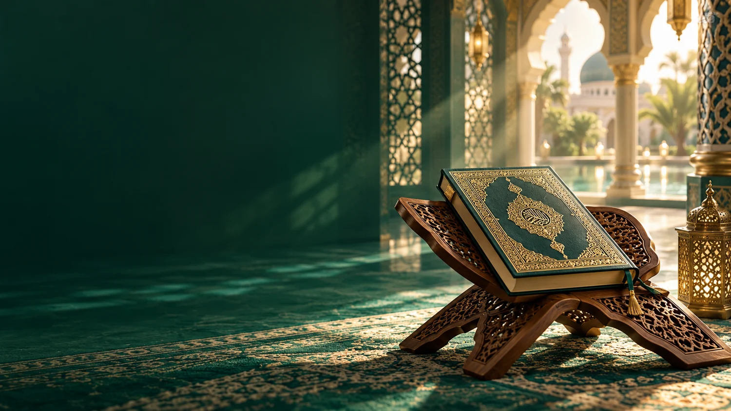 A Qur’an on a wooden reading stand in a peaceful study setting