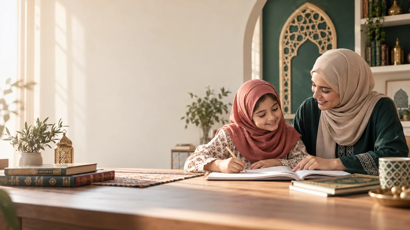 A mother supporting her daughter during a warm home learning session