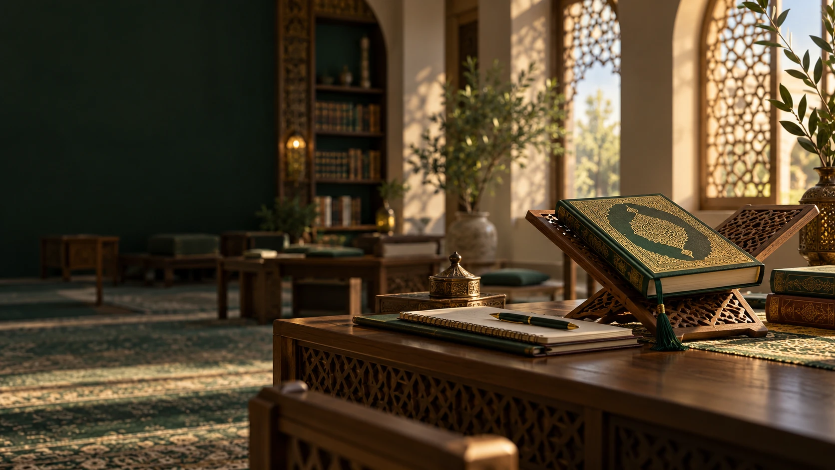 An illustrated Qur’an study room with warm light, books and a carved reading stand