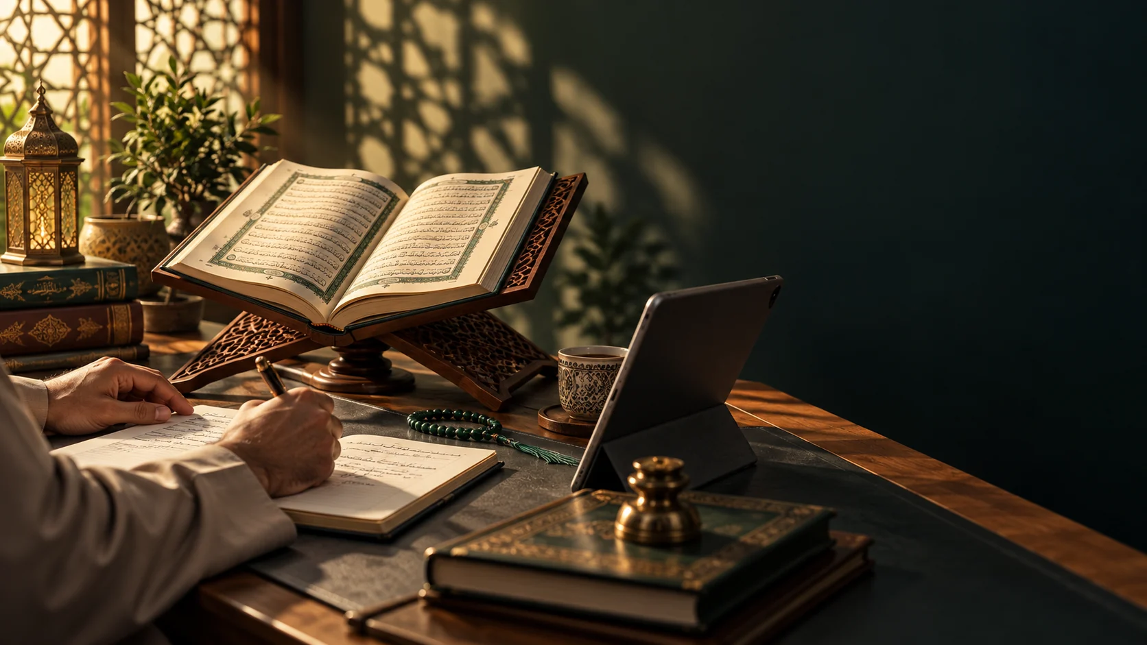 An adult learner studying Qur’an through a guided online lesson
